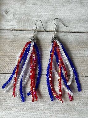 Patriotic Multi-Strand Beaded Tassel Earrings - Red, Blue & Clear, 3 inches long